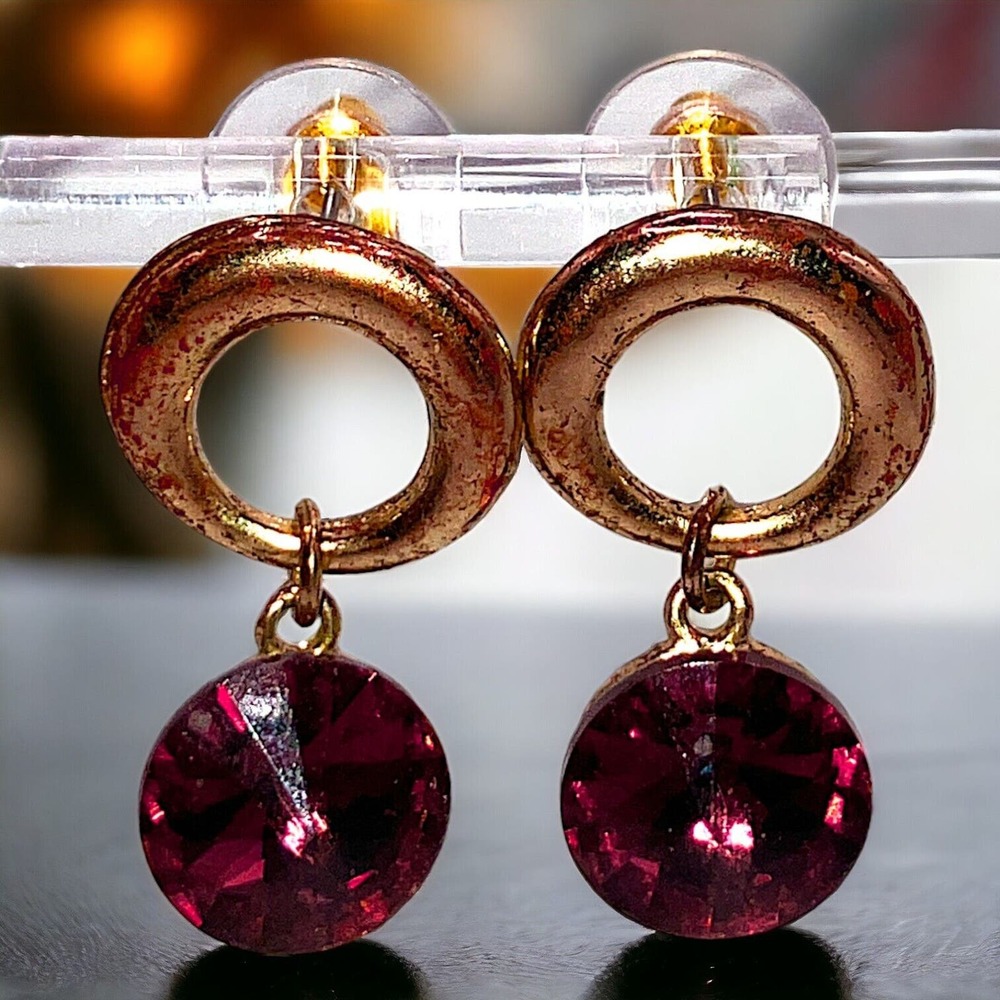 Vintage Purple Crystal Gold-Tone Faceted Hoop Drops 2 Inch Earrings!